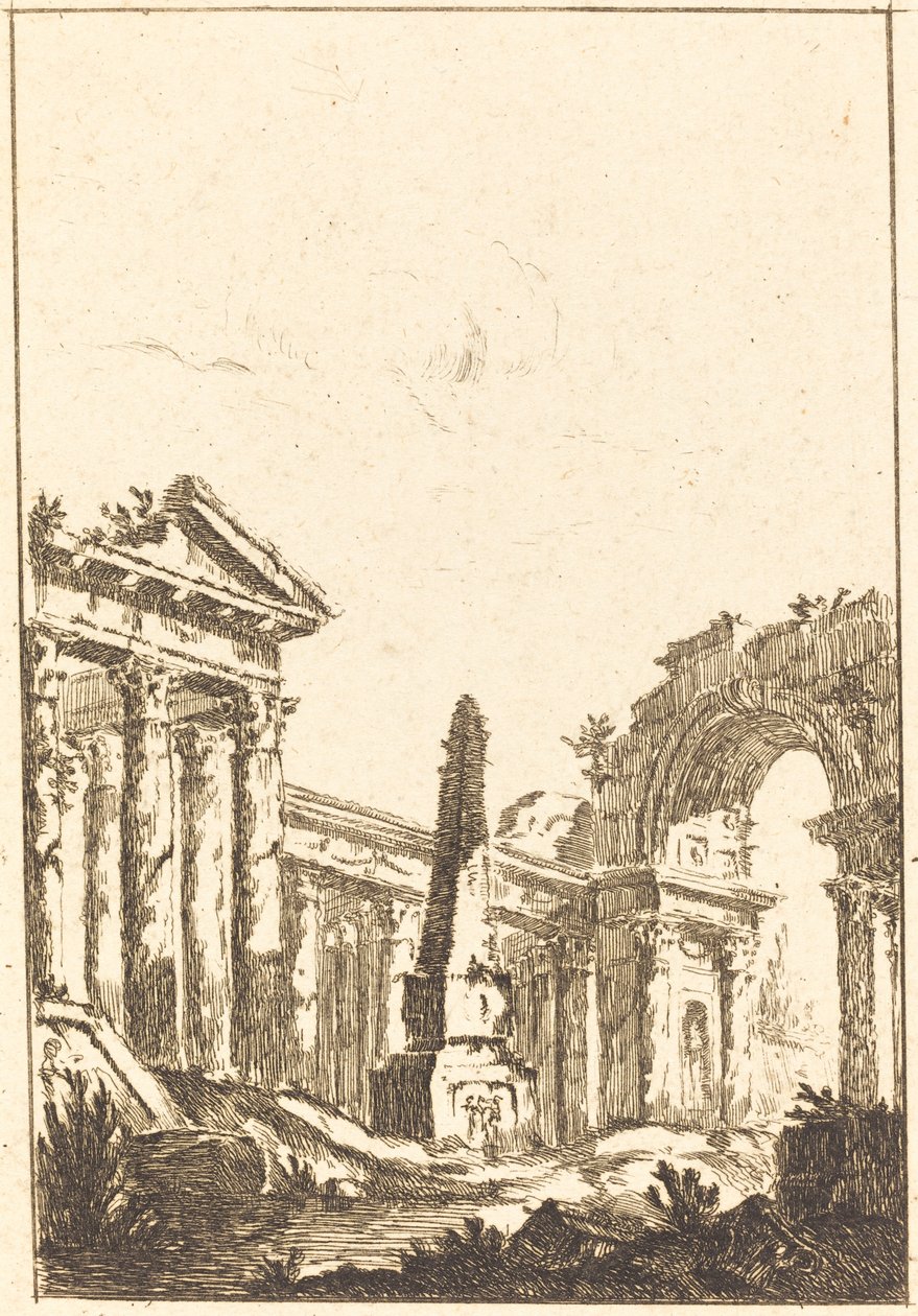 Capriccio med ruiner og en obelisk af attributed to Jérôme Charles Bellicard