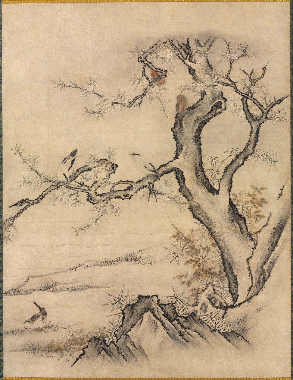 Blomster og fugle i et forårslandskab af attributed to Kano Motonobu