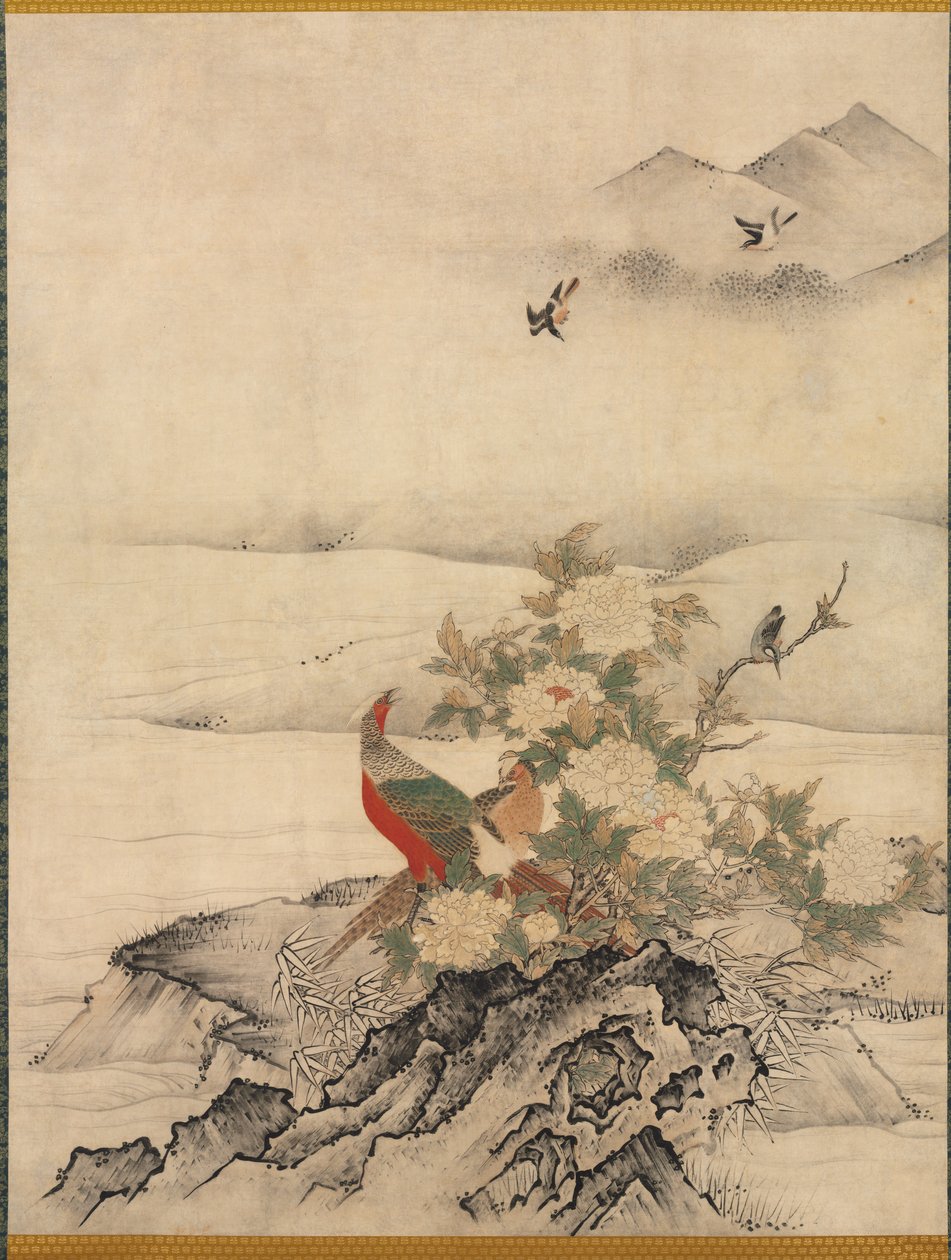 Blomster og fugle i et forårslandskab af attributed to Kano Motonobu