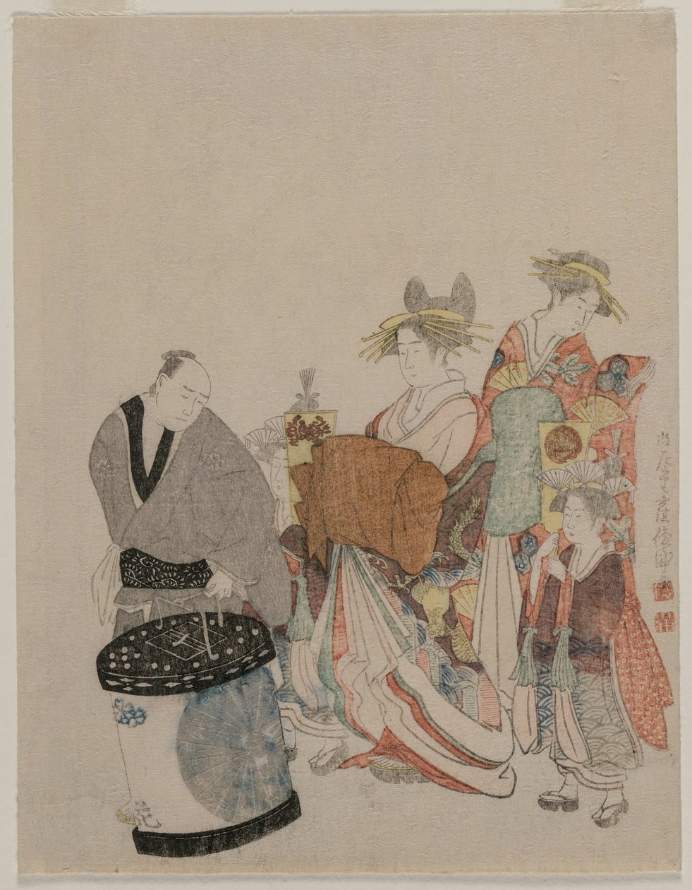 Kurtisane i byen med ledsagere om natten af attributed to Kubo Shunman