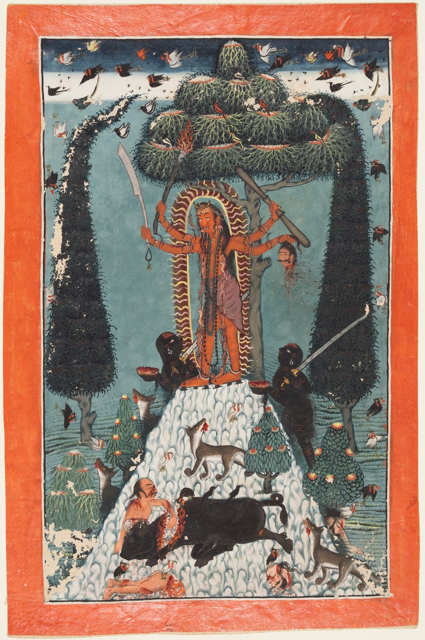 Gudinden Kali står på en bjergtop af attributed to Master of the court of Mandi