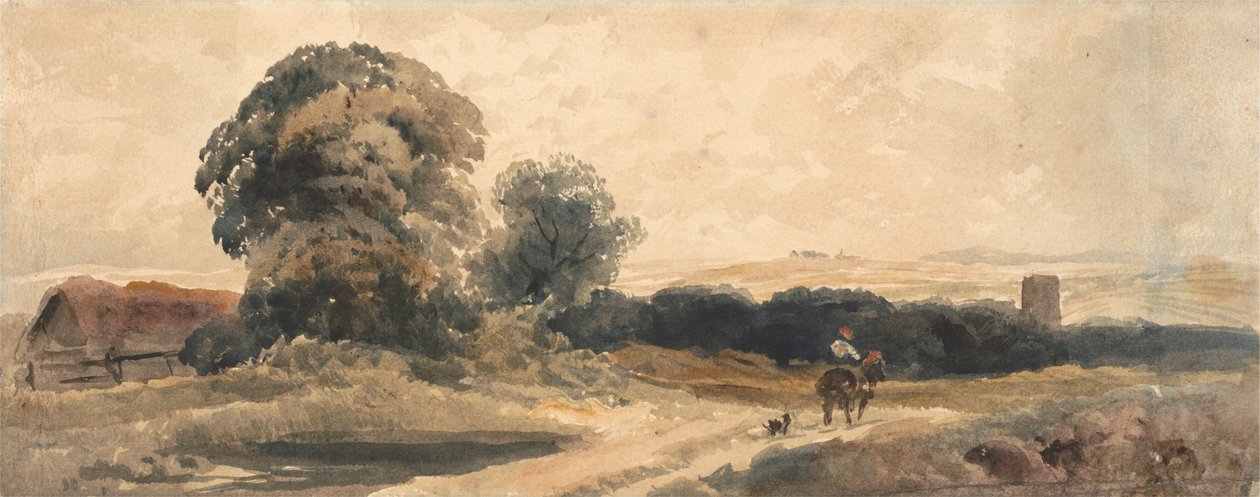 En landevej med rejsende til hest af attributed to Peter DeWint