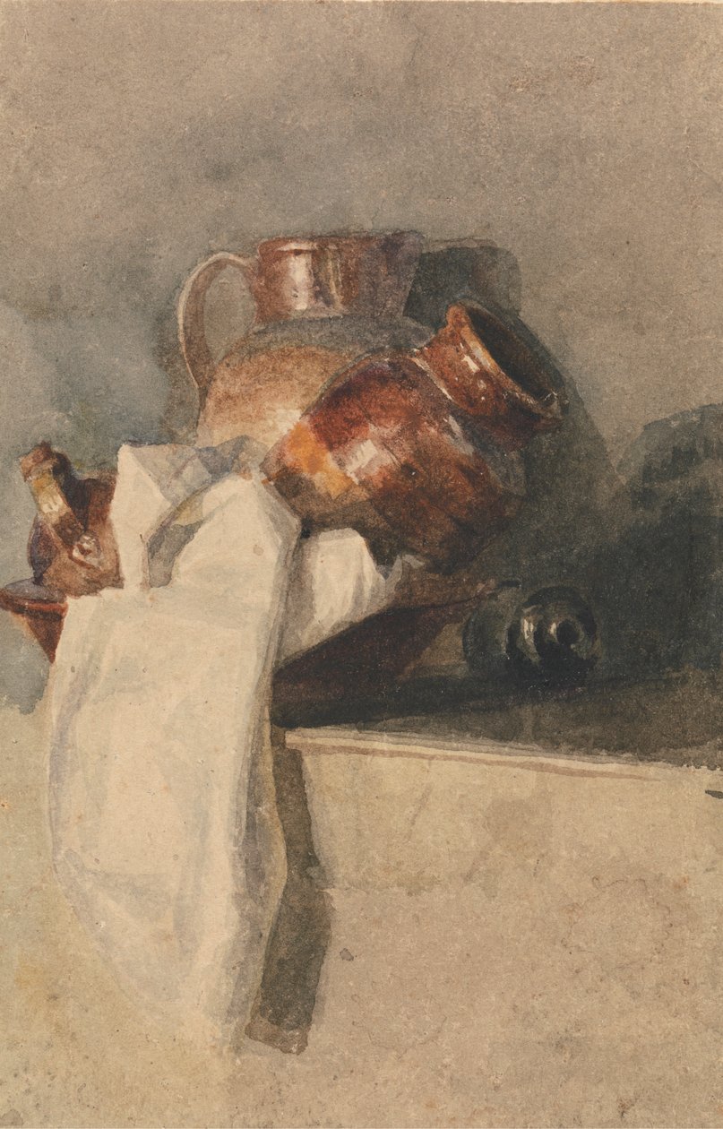 Stilleben med kander på en hylde af attributed to Peter DeWint