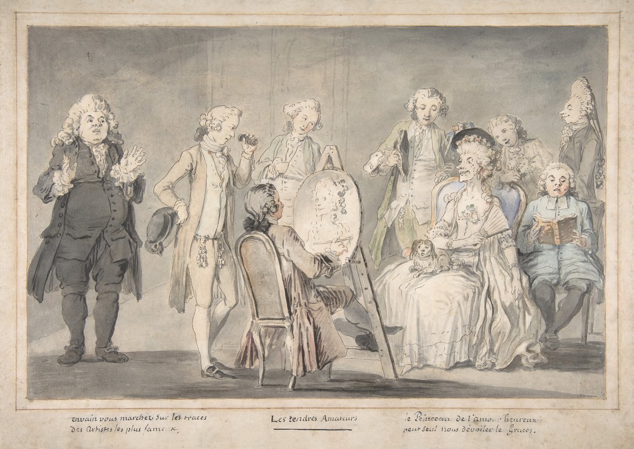 Satirisk tegning: Kunstner maler en gammel dames portræt, 1729-1804. af attributed to Pietro Antonio Novelli.