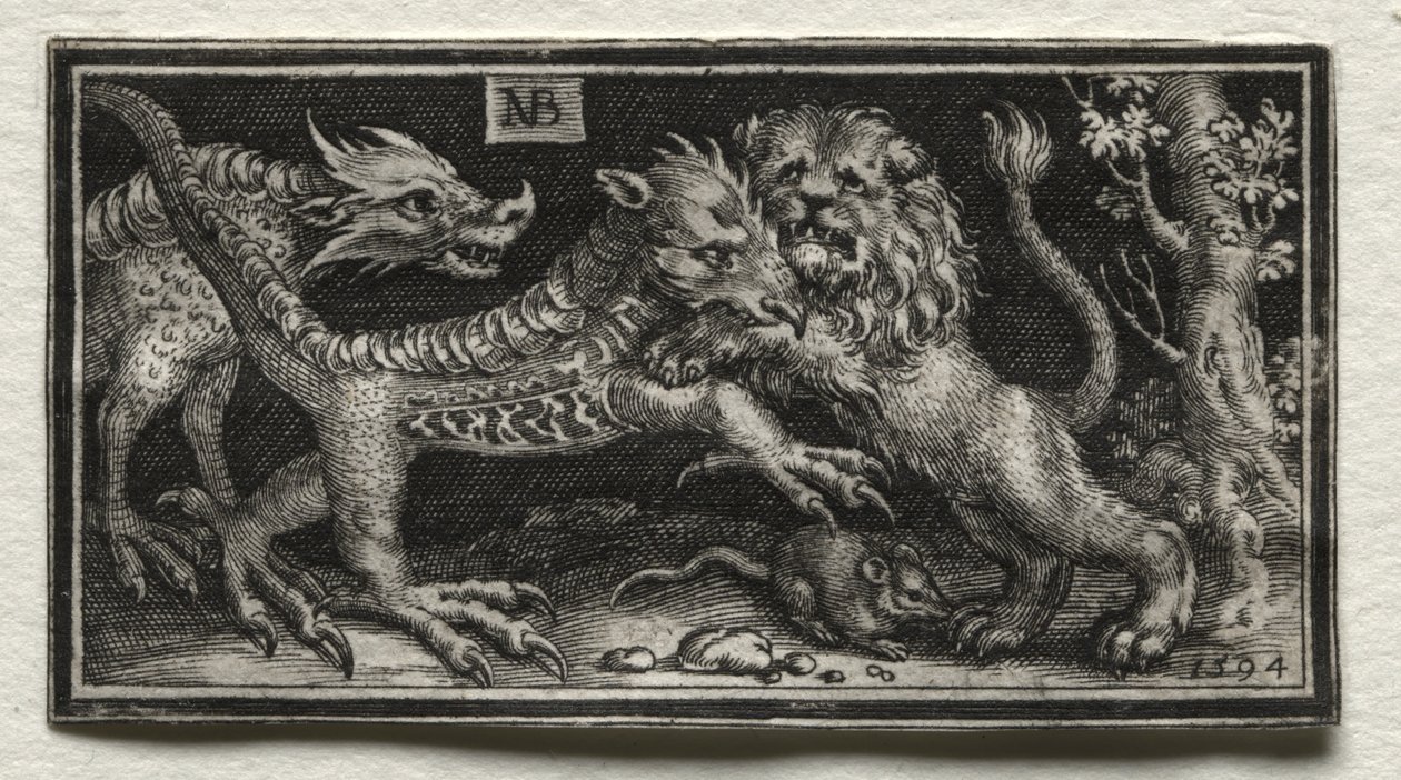 Løve kæmper mod to bæster af attributed to Tobias Stimmer
