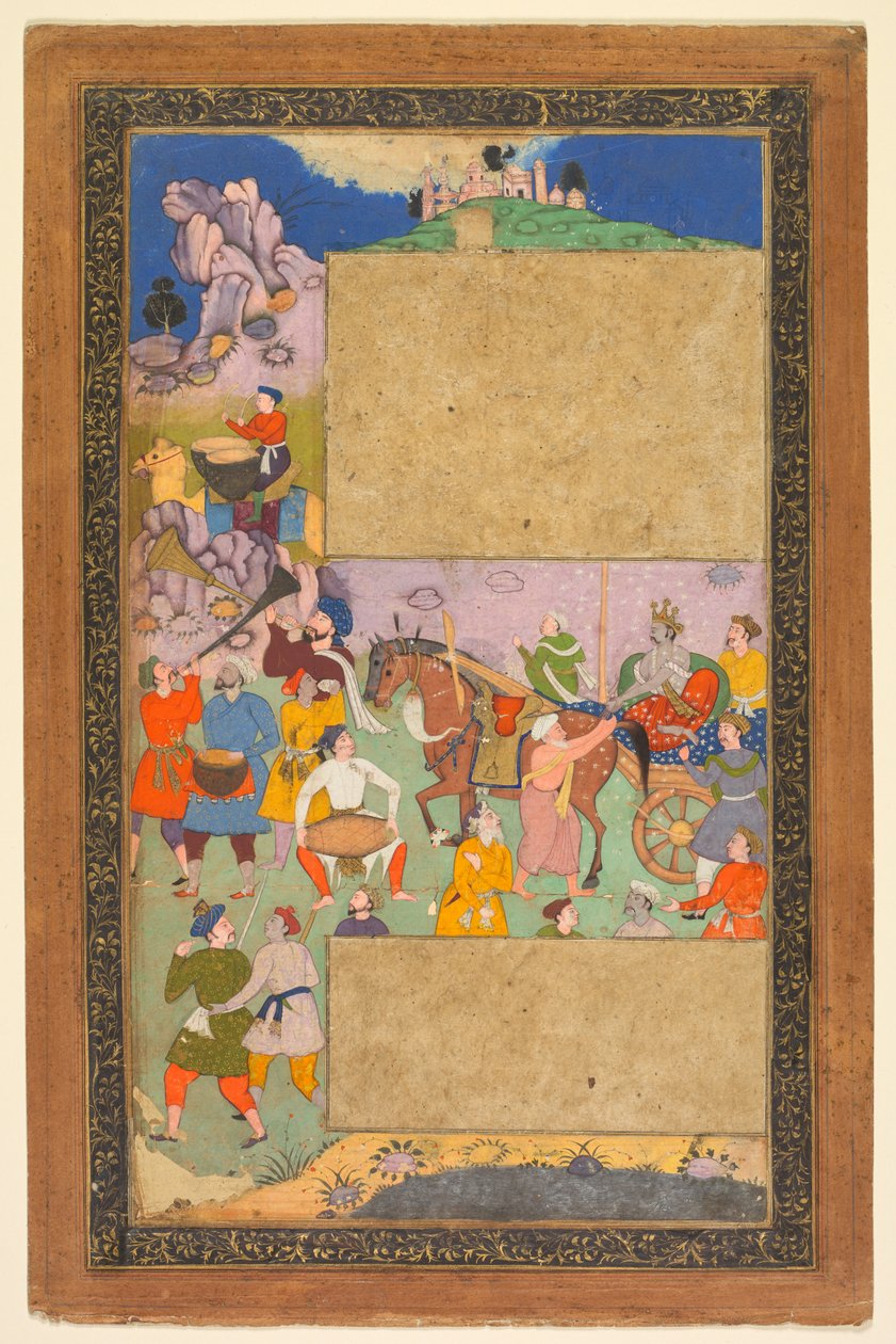 En vognmand, der kører gennem et klippelandskab med et følge af fodfolk og musikere, side fra en Razm-nama (krigsbog) tilpasset fra sanskrit Mahabharata og oversat til persisk af Mir Ghiyath al-Din Ali Qazvini, kendt som Naqib Khan (persisk af attributed to Yusuf Ali