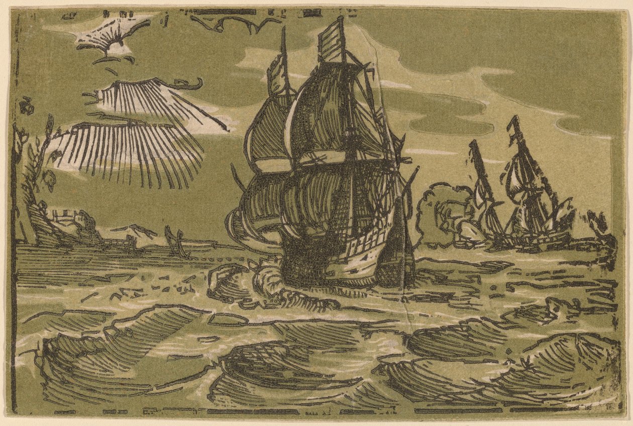To tremesterskibe ud for en kystlinje af attributed to workshop of Willem Jansz. Blaeu