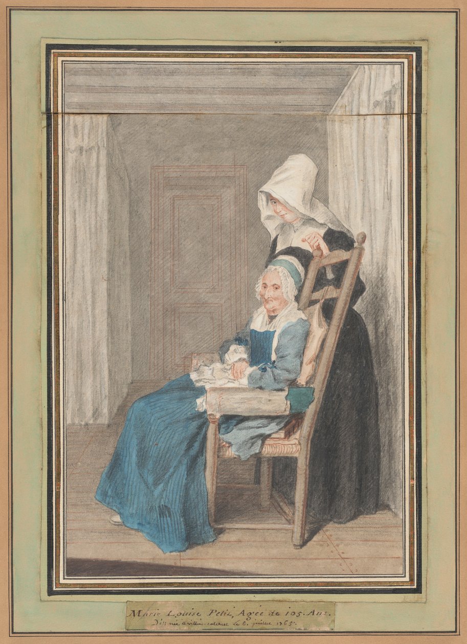 Marie Louise Petit i en alder af 105, med sin unge sygeplejerske af called Carmontelle Louis de Carrogis