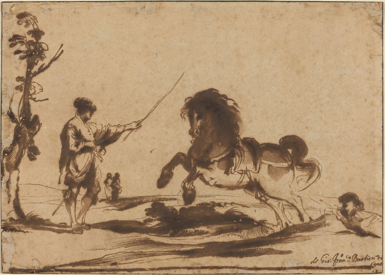 Landskab med tæmning af en hest af called Guercino Giovanni Francesco Barbieri