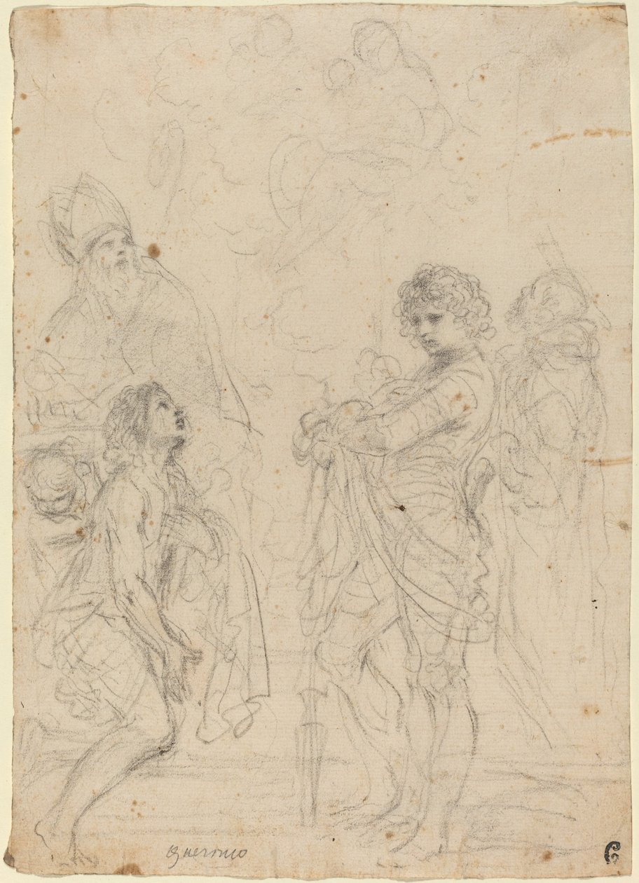 Madonna og barn med de hellige Gimignano, Johannes Døberen, George og Peter Martyr af called Guercino Giovanni Francesco Barbieri