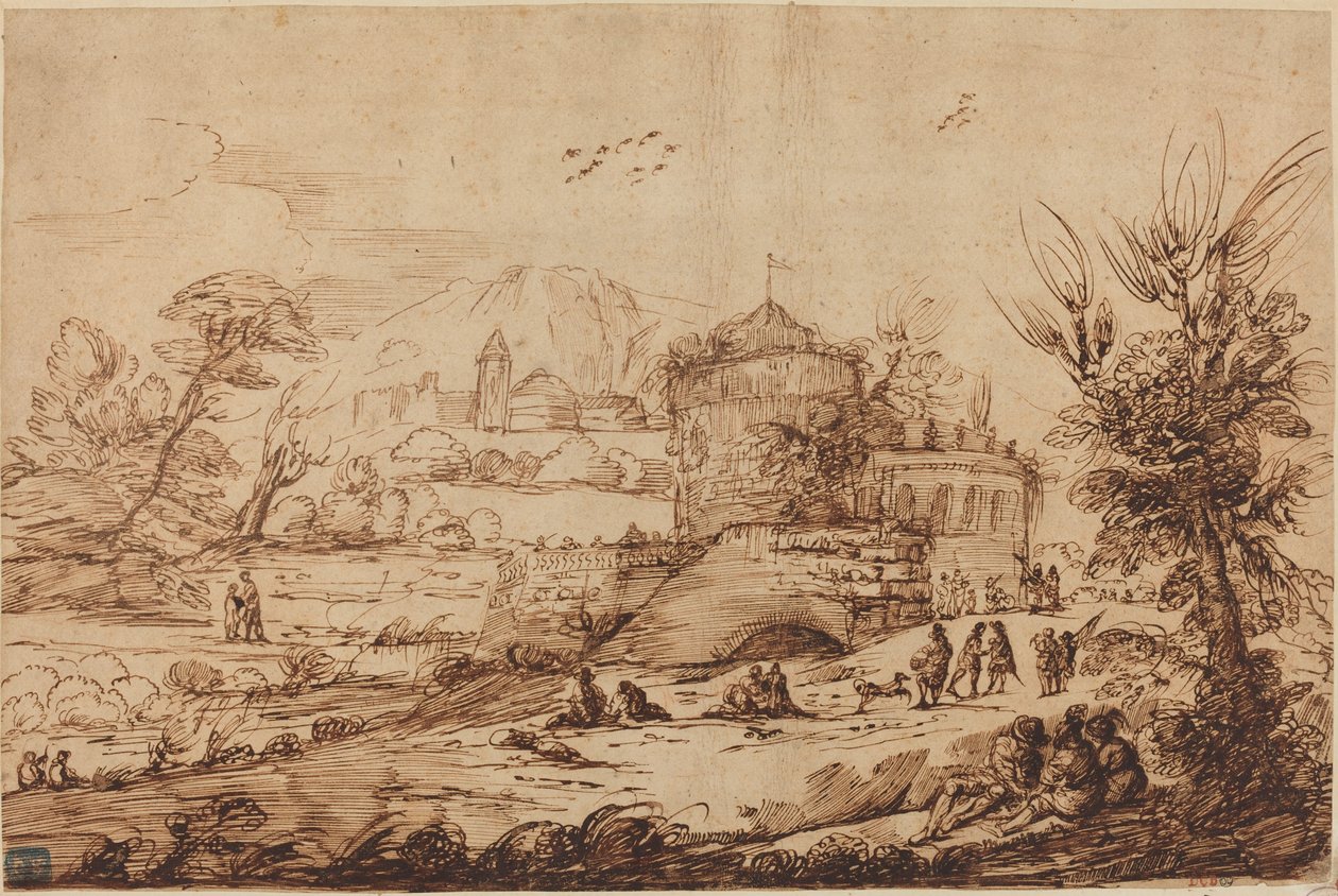 Landskab med fæstning og flod af called Guercino after Giovanni Francesco Barbieri