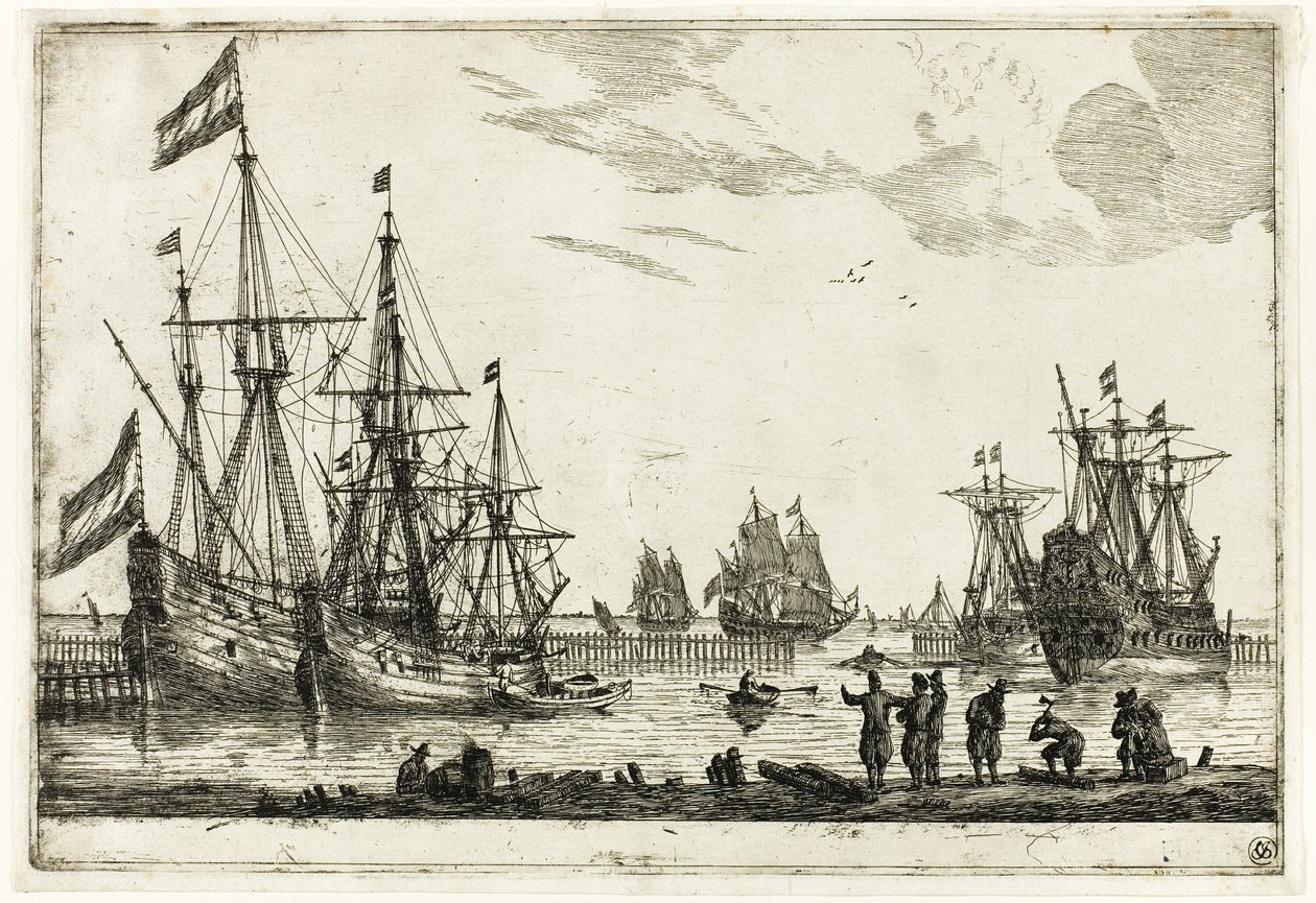 Fire sejlskibe i en bølgebryder, fra Thirteen Naval Scenes af called Zeeman Reinier Nooms