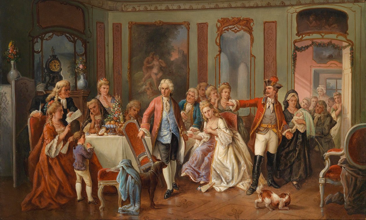 Overrasket ung far omgivet af elegant selskab af circle of Carl Herpfer