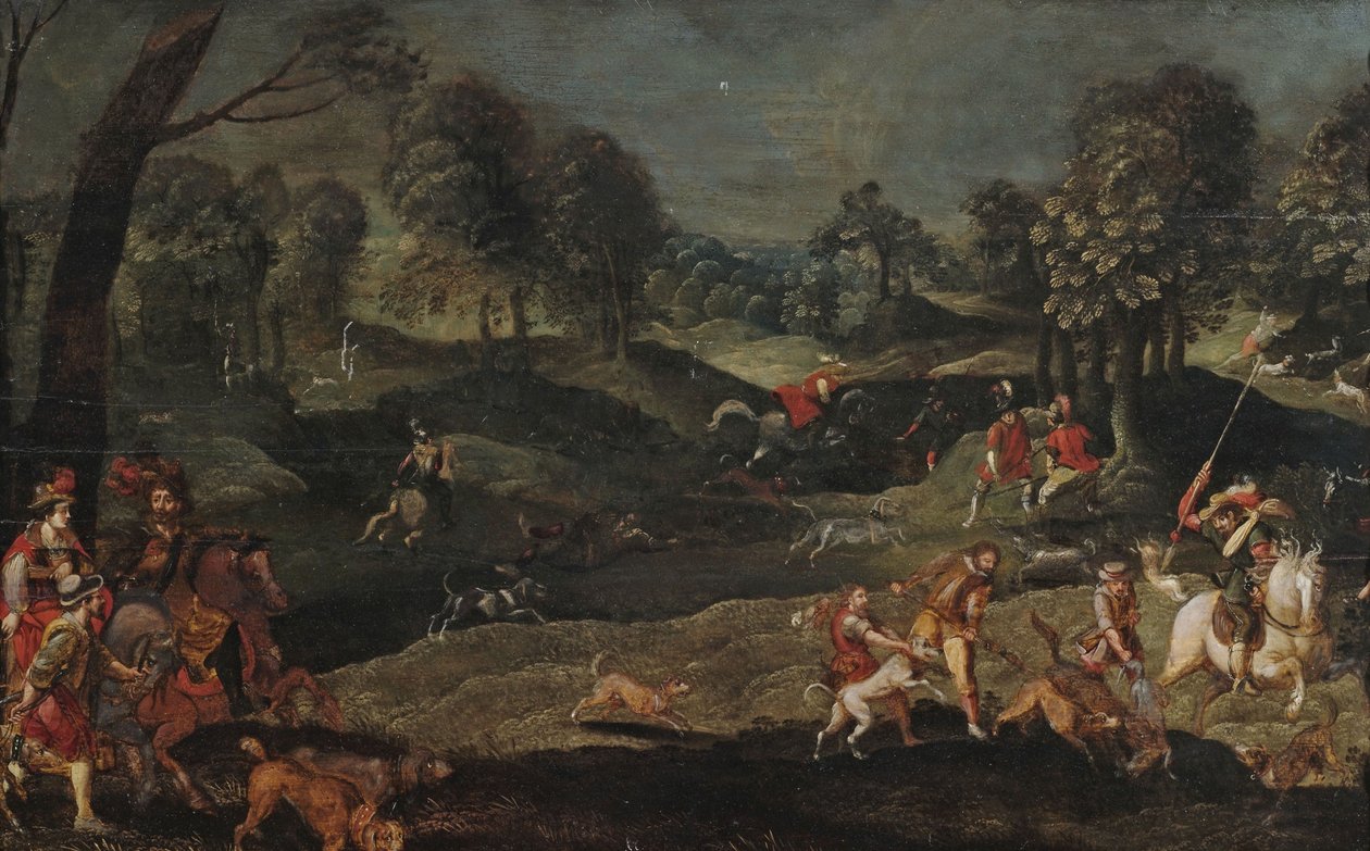 Jagt i et skovlandskab, hvor et herskende par deltager af circle of Sebastian Vrancx