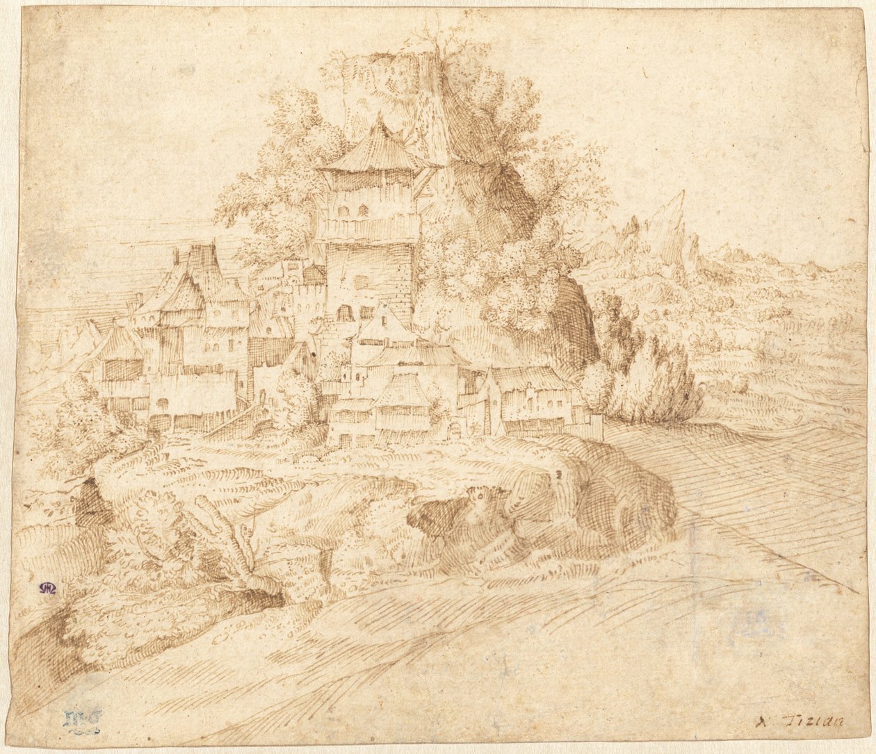 En landsby beliggende ved foden af en bakke (recto) af circle of Giorgione