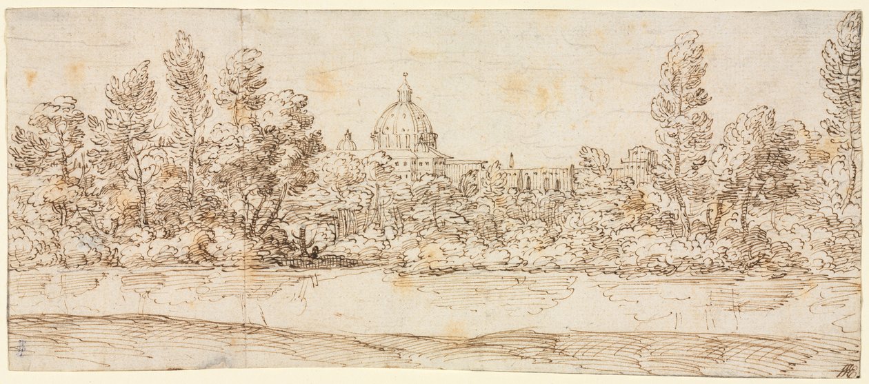 Flodlandskab med udsigt over Peterskirken af circle of Giovanni Francesco Grimaldi