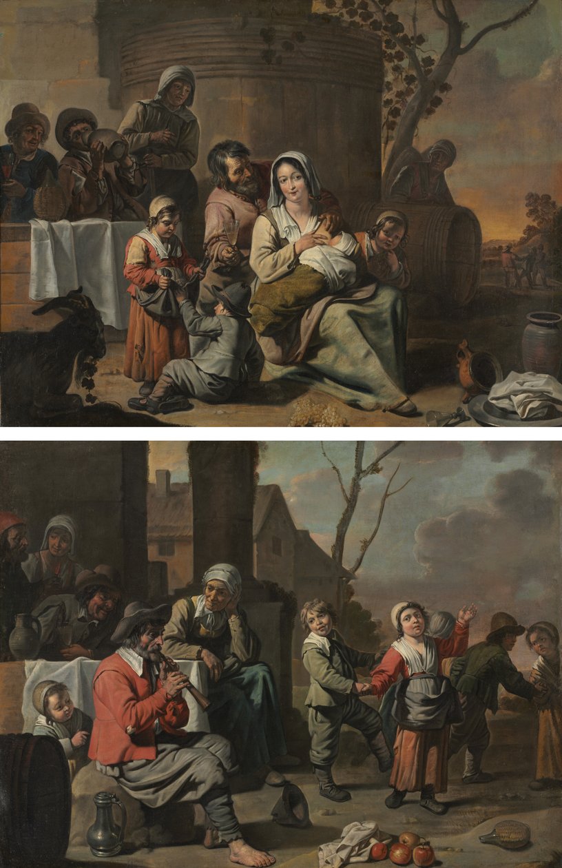 Vintage scene og bondebørn danser (maleri par) af circle of Le Nain