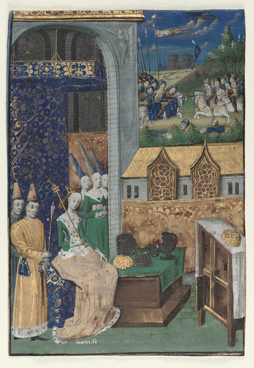Enkelt miniature udskåret fra Boccaccios Des Cleres et nobles femmes: Dronning Medusa og hendes hof af circle of Maître François