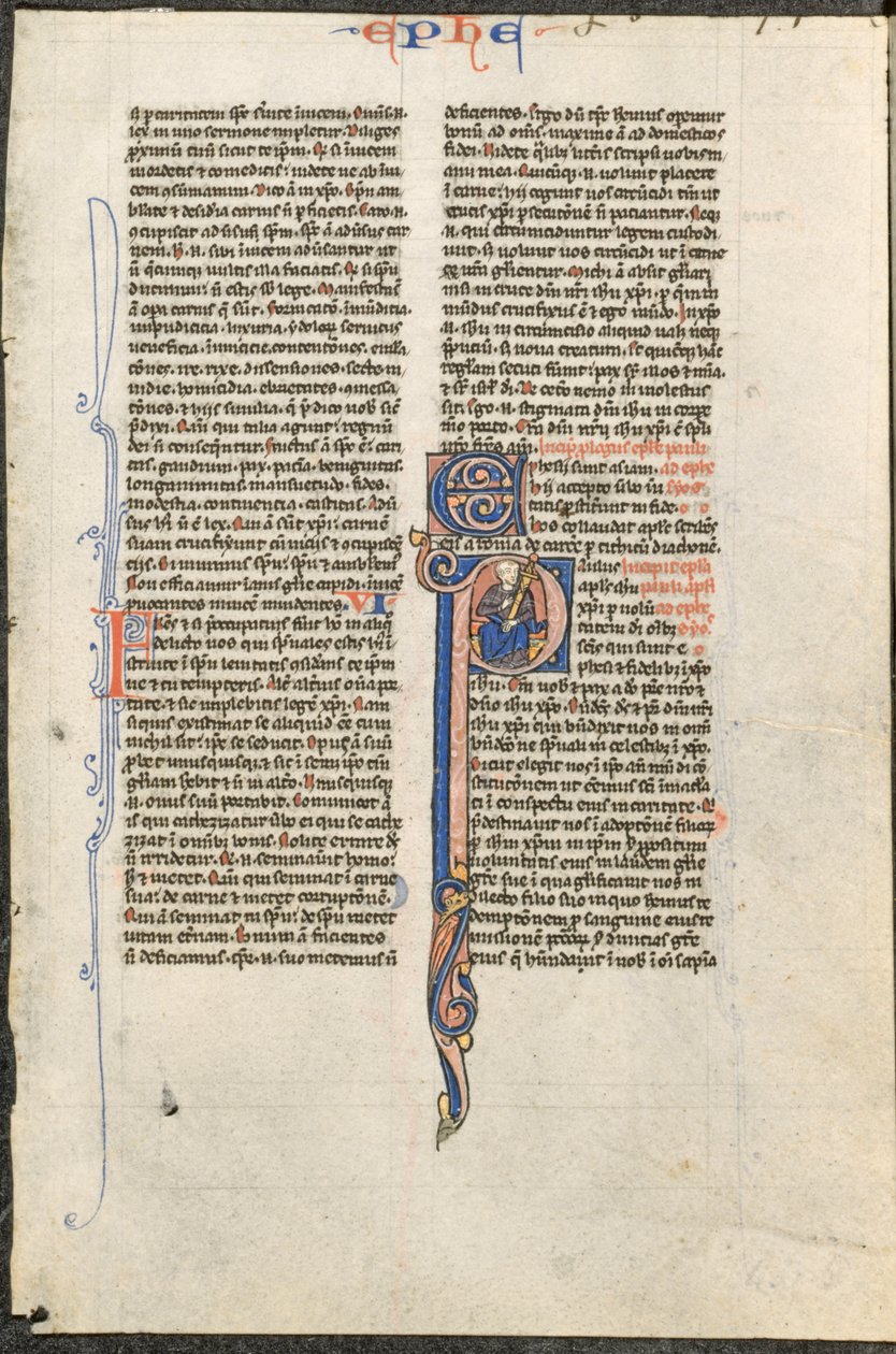 Blad fra en latinsk bibel: Indledende P med St. Paul Holder et sværd (St. Pauls Brev til Efeserne) af circle or workshop of Johannes Grusch Atelier