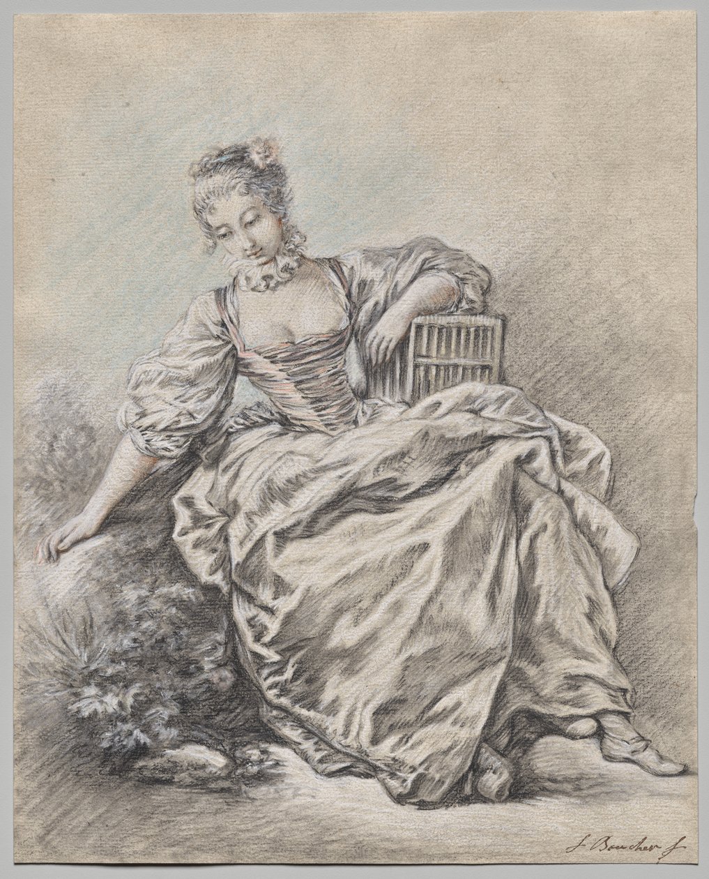 Siddende kvinde holder et fuglebur af copy after François Boucher