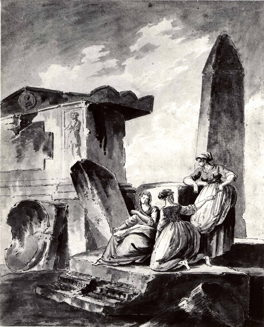 Three Young Girls by Ruins, ca. 1790. af copy after Hubert Robert.