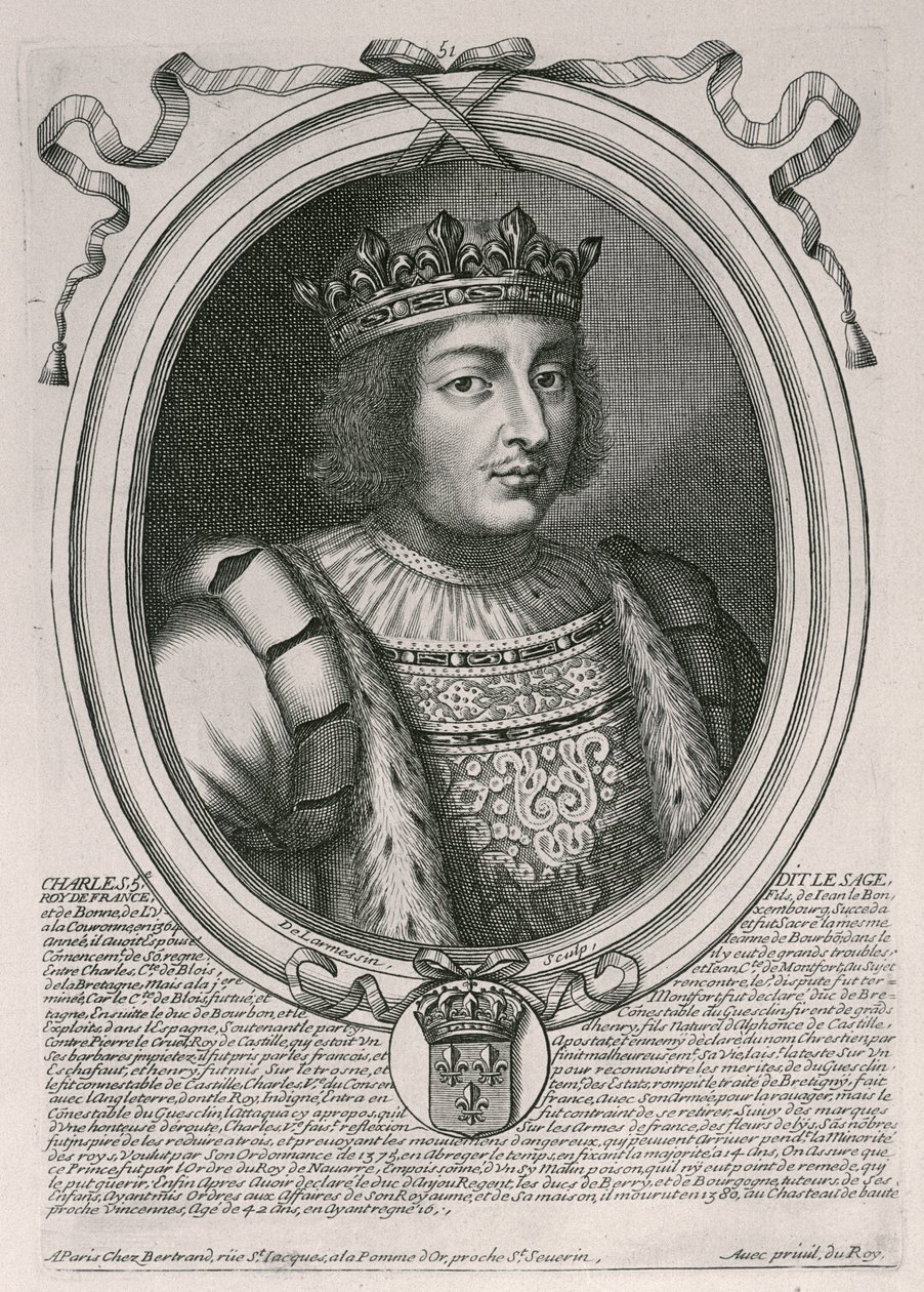 Karl V den Vise (1338-80), konge af Frankrig, fra "Les Augustes Representations de tous les Rois de France depuis Pharamond jusqu