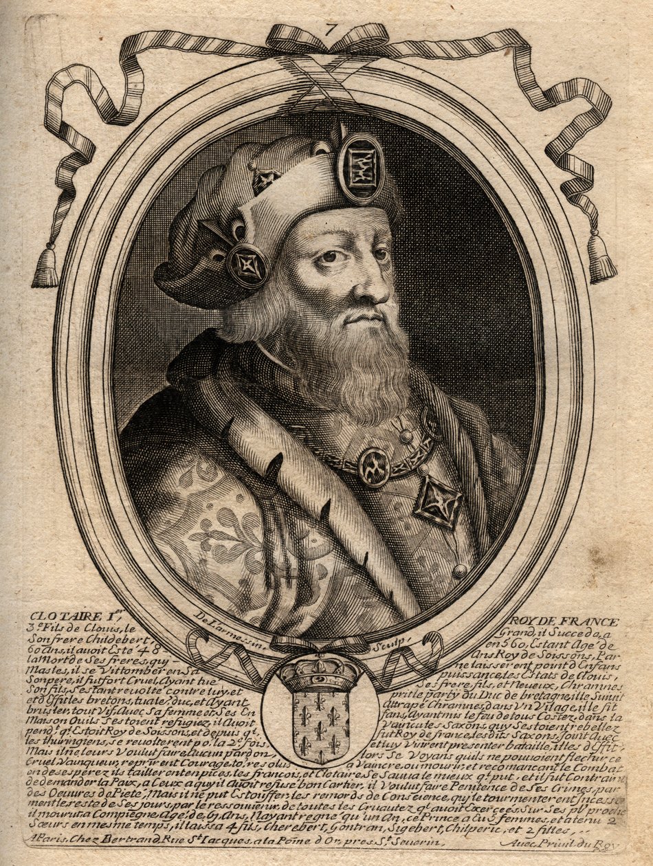 Portræt af Clotaire (Clothaire) I (497 - 561), konge af Neustrien og konge af frankerne - Clothar I, konge af frankerne - gravering fra 