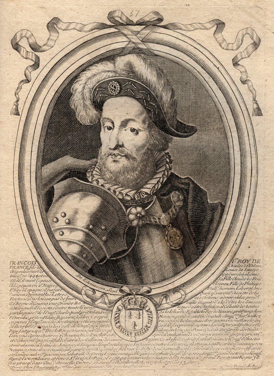 Portræt af Francois I (1494 - 1547), konge af Frankrig - Frans I, konge af Frankrig - gravering fra 