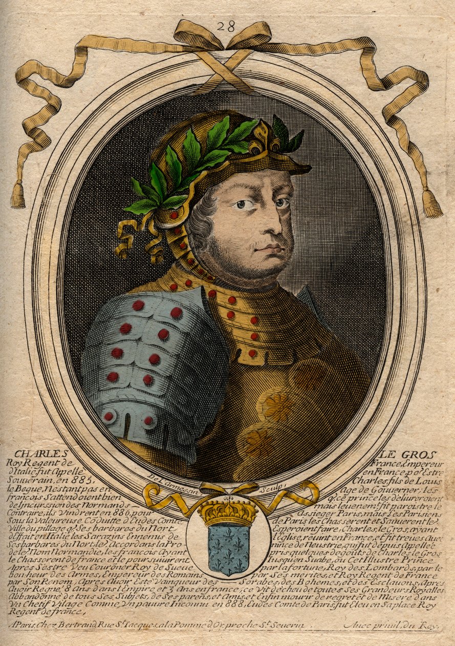 Karolingiske dynasti: Portræt af Charles III Le Gros (839-888) Frankernes konge - Charles III den Fede - gravering fra 