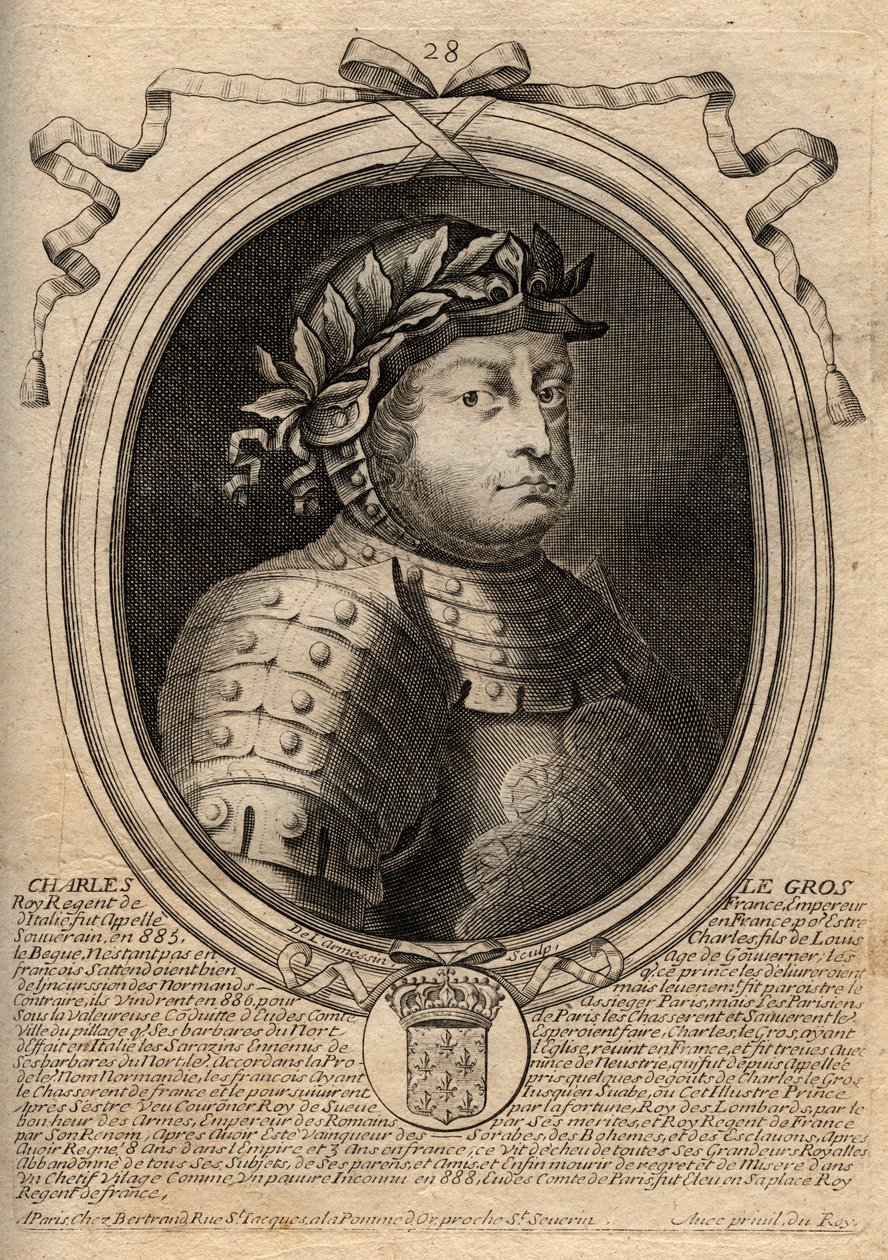 Karolingiske dynasti: Portræt af Charles III Le Gros (839-888) Frankernes konge - Charles III den Fede - gravering fra 