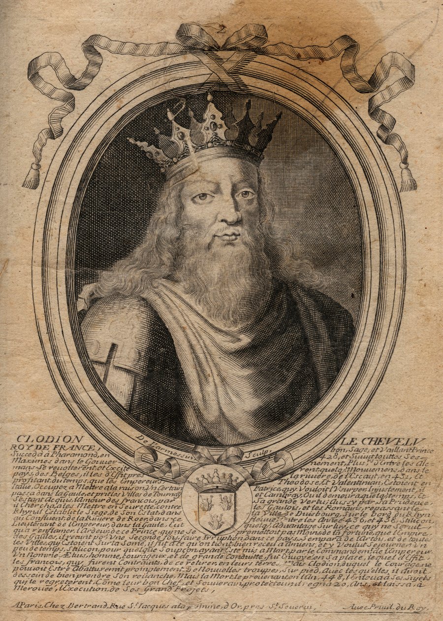 Clodion dit "" Le Chevelu"" (428-448), stamfader til merovingerne, høvding for Salians Francs - Clodion The Hairy (c.428-47) Konge af en stamme af de saliske frankere - gravering fra 