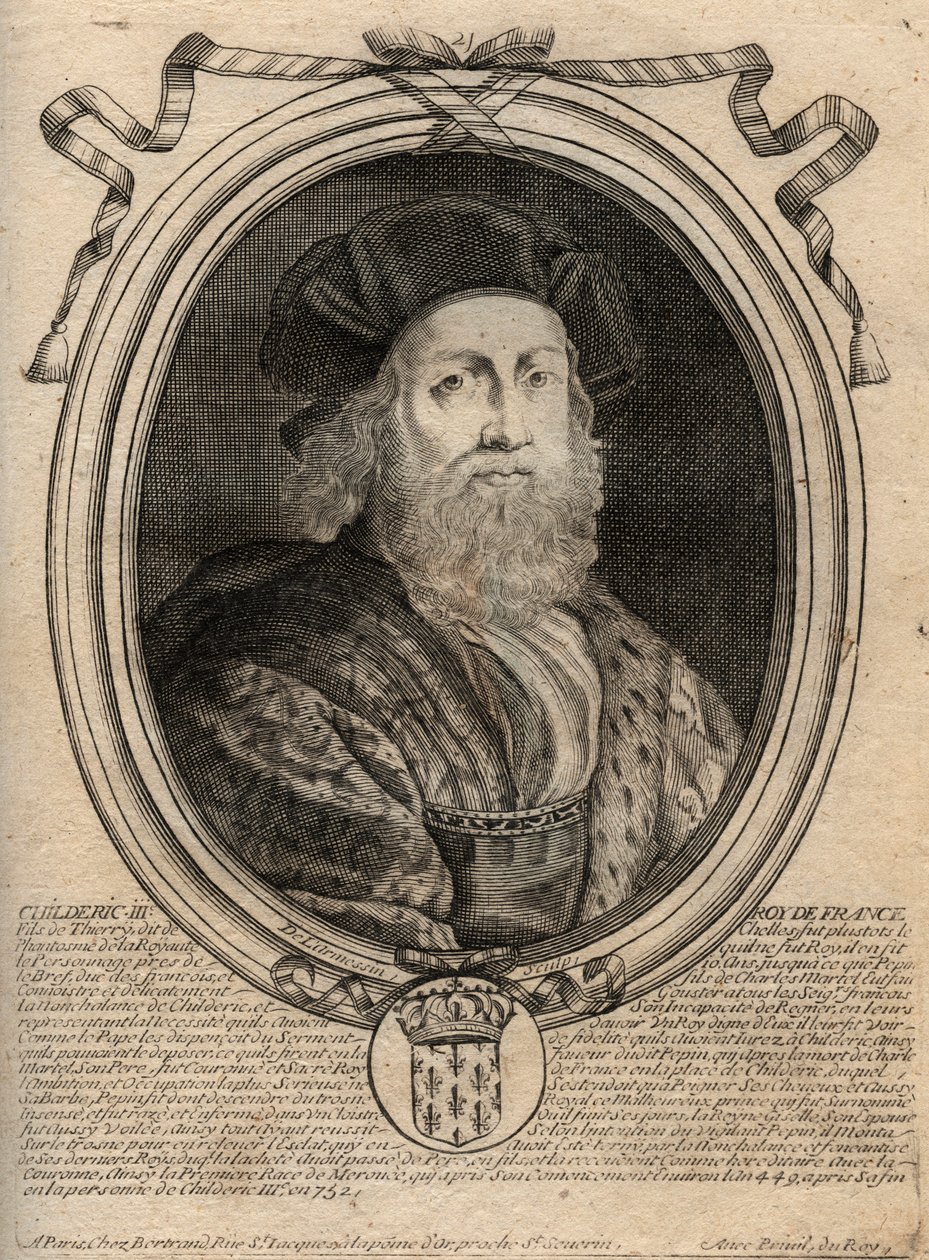 Merovingernes dynasti: Portræt af Childerik III (714-755) Frankernes konge - CHILDERIC III (d. 754) Frankernes konge, 741-751, og den sidste af merovingerne - gravering fra 