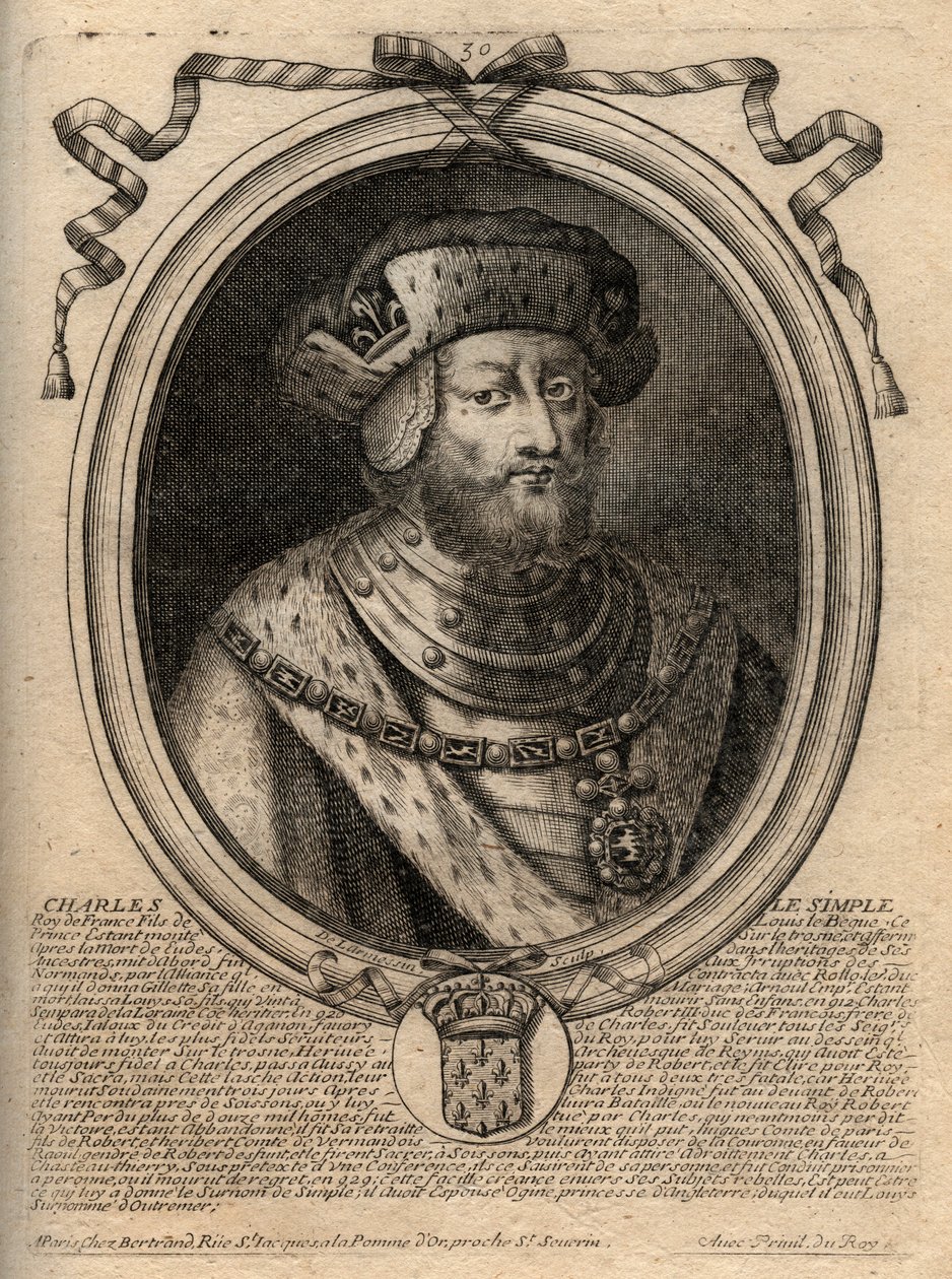 Portræt af Karl III dit le Simple (879-929) frankernes konge - CHARLES III (879-929) - Karl den Enfoldige - Konge af Frankrig, 893-923 - gravering fra 