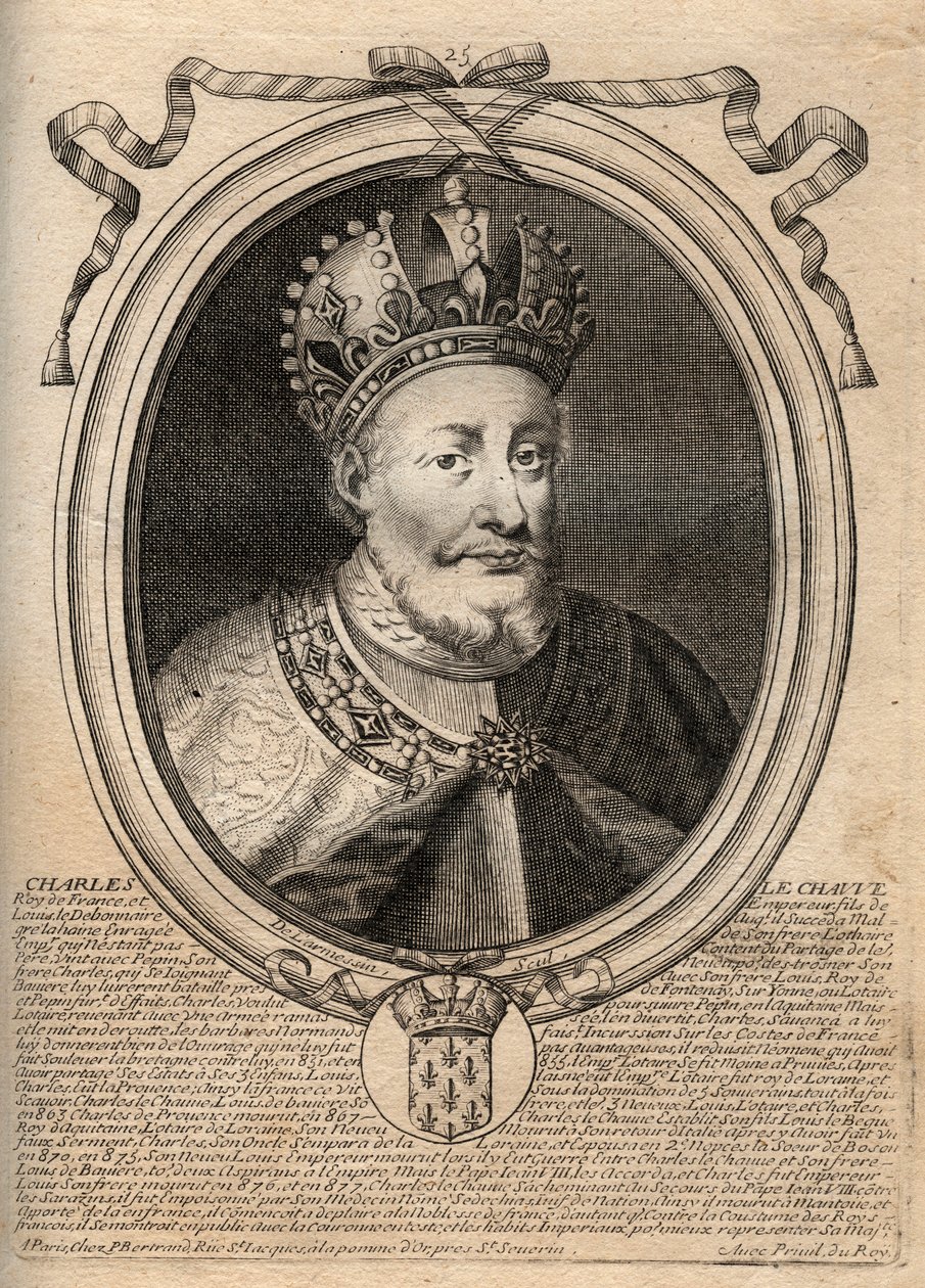 Portræt af Charles II den Skaldede (823 - 877), konge af Frankrig - Charles II (823-77) den Skaldede - gravering fra 