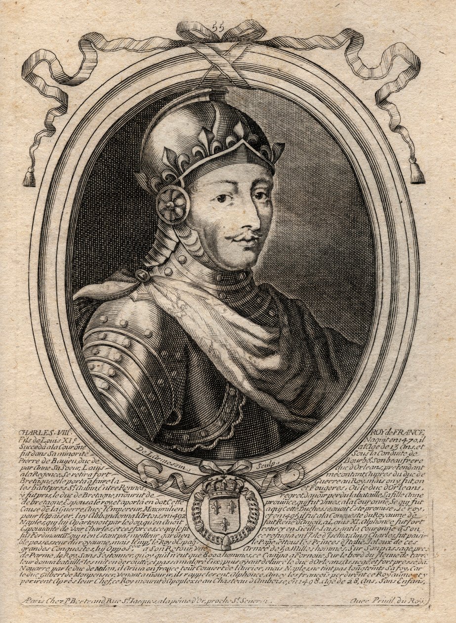 Portræt af Charles VIII (1470-1498) Fransk konge af Valois-dynastiet - Charles VIII (1470-98) Konge af Frankrig - gravering fra 