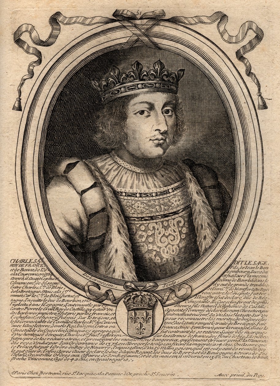 Portræt af Karl V den Vise (1338 - 1380) - Karl V den vise eller Karl V den Vise, konge af Frankrig fra huset Valois - gravering fra 