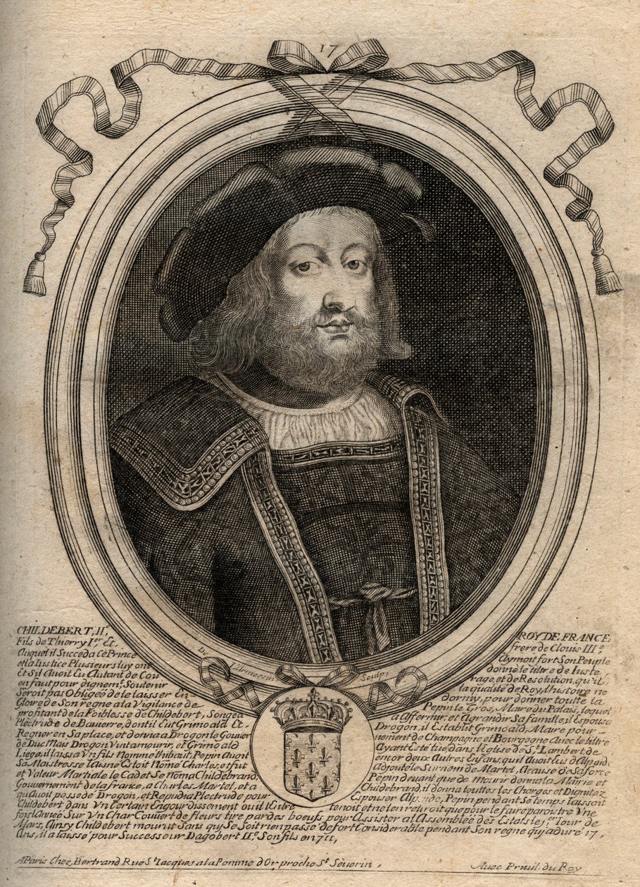 Portræt af Childebert II (ca. 570 - 596), konge af Austrasia - Childebert II 570 til 595 Merovingerkonge af Austrasia - gravering fra 