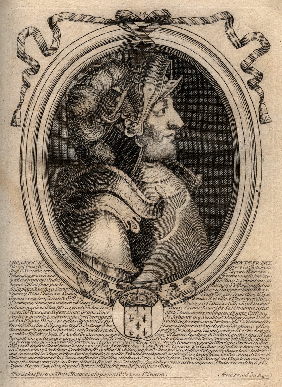 Portræt af Childeric II, frankernes konge fra 670 til 673 - CHILDERIC II 655-675 Kongemerovinger af Frankrig og Austrasia - gravering fra 