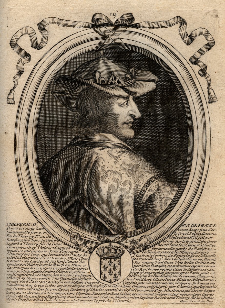 Portræt af Chilperic II (ca. 670 - 721), konge af Neustrien - CHILPERIC II konge af frankerne - gravering fra 