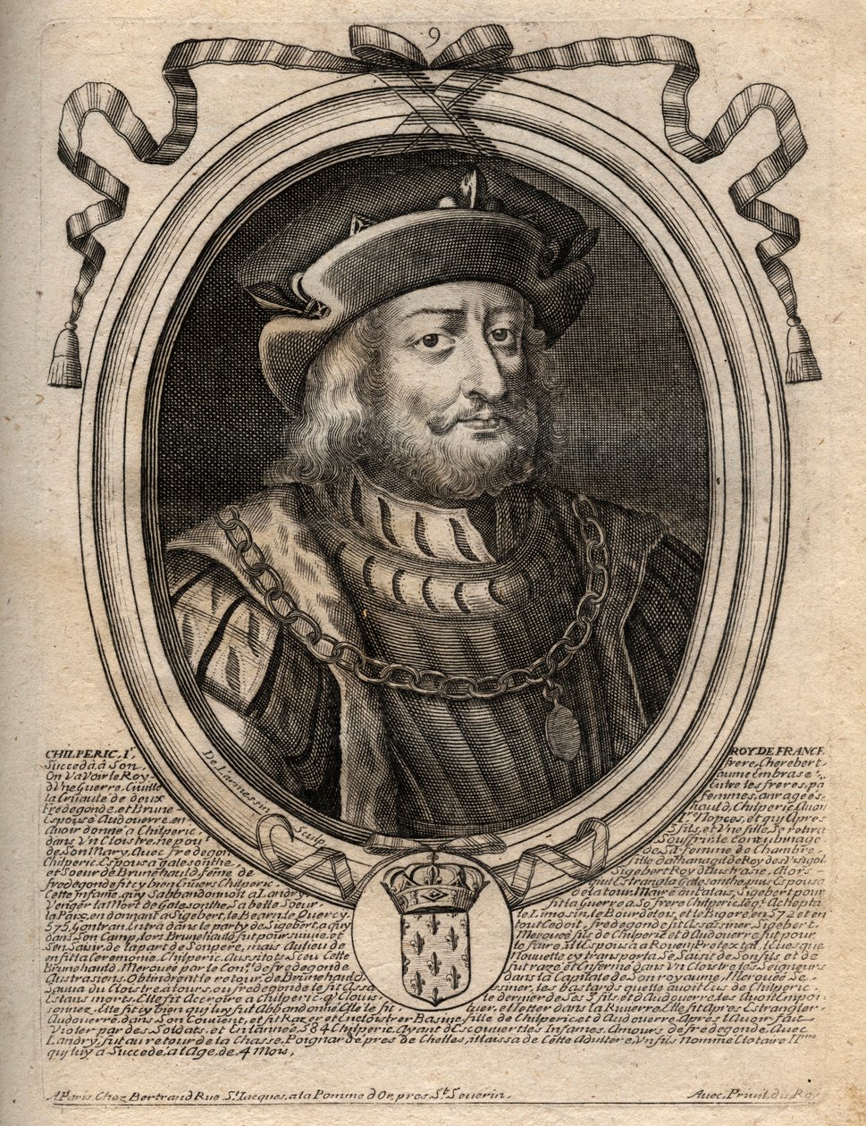 Portræt af Chilperic I (539 - 584), konge af Neustrien - Chilperic I, Merovingerkonge af Frankrig - gravering fra 