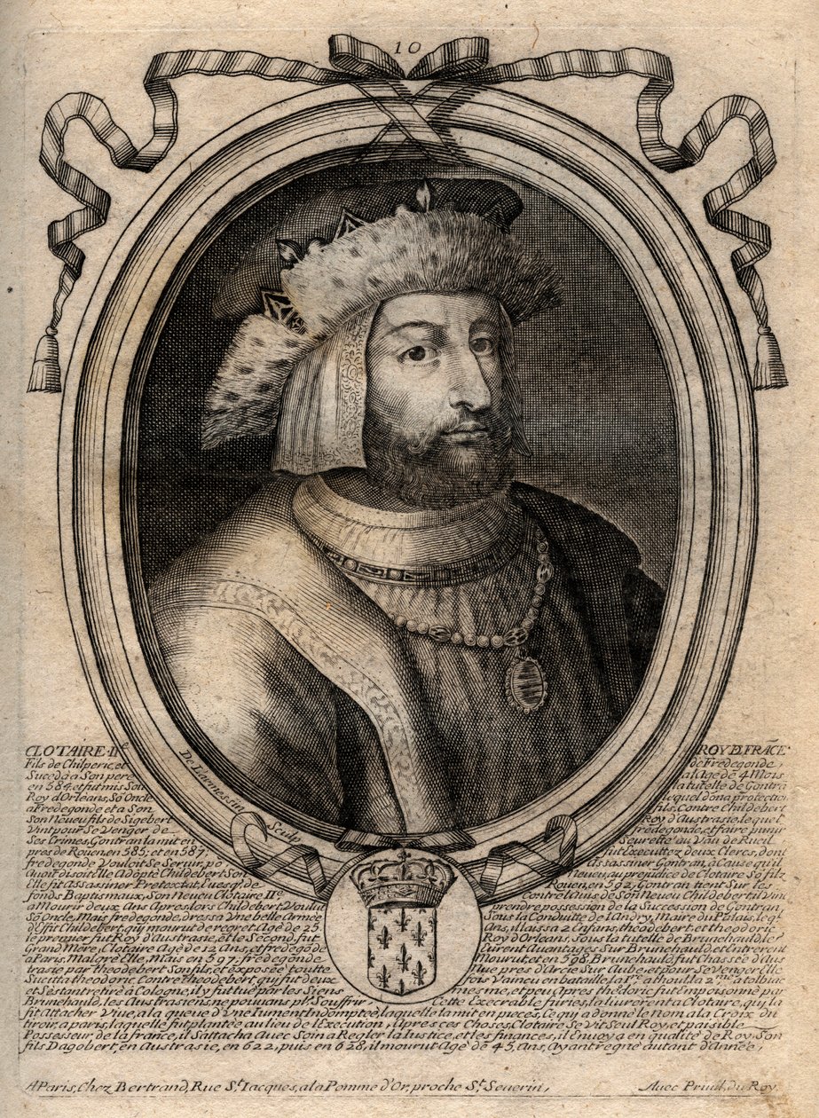 Portræt af Clotaire (Clothaire) II (584 - 628), konge af Neustrien og konge af frankerne - Clotaire eller Chlotar II (d.629) konge af frankerne - gravering fra 