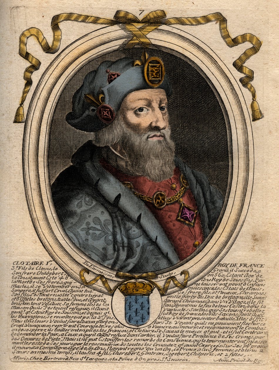 Portræt af Clotaire (Clothaire) I (497-561), konge af Neustrien og konge af frankerne - Clothar I, konge af frankerne - gravering fra 