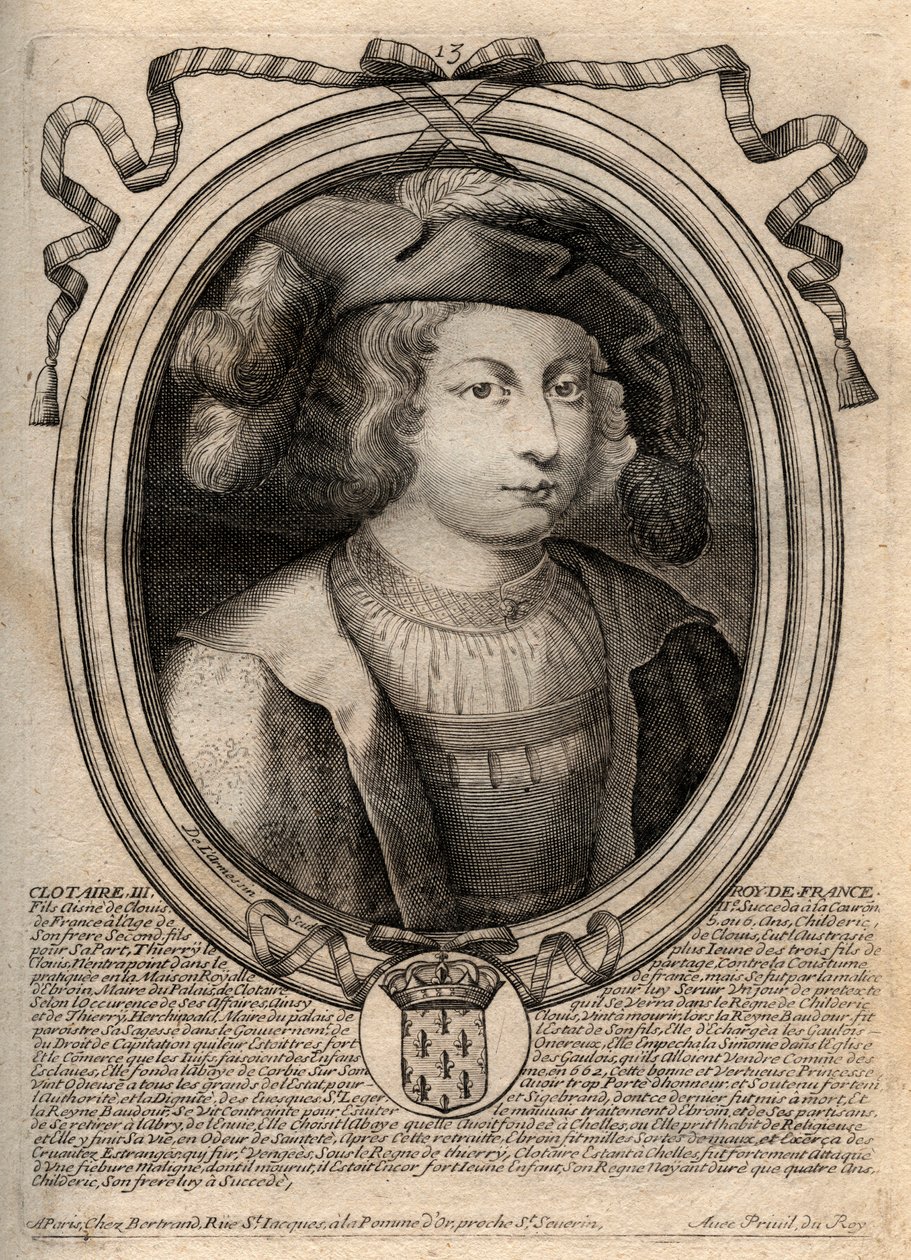 Portræt af Clothaire III (652 - 673), konge af Neustrien og Bourgogne - Chlothar III eller Clotaire III, konge af frankerne fra Merovingernes hus - gravering fra 