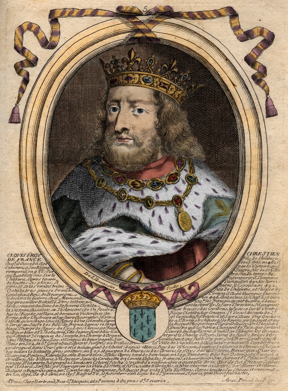 Portræt af Clovis I (ca. 466 - 511), Kongen af Frankerne - Portræt af Clovis I (c466-511), Kongen af Frankerne - gravering fra 