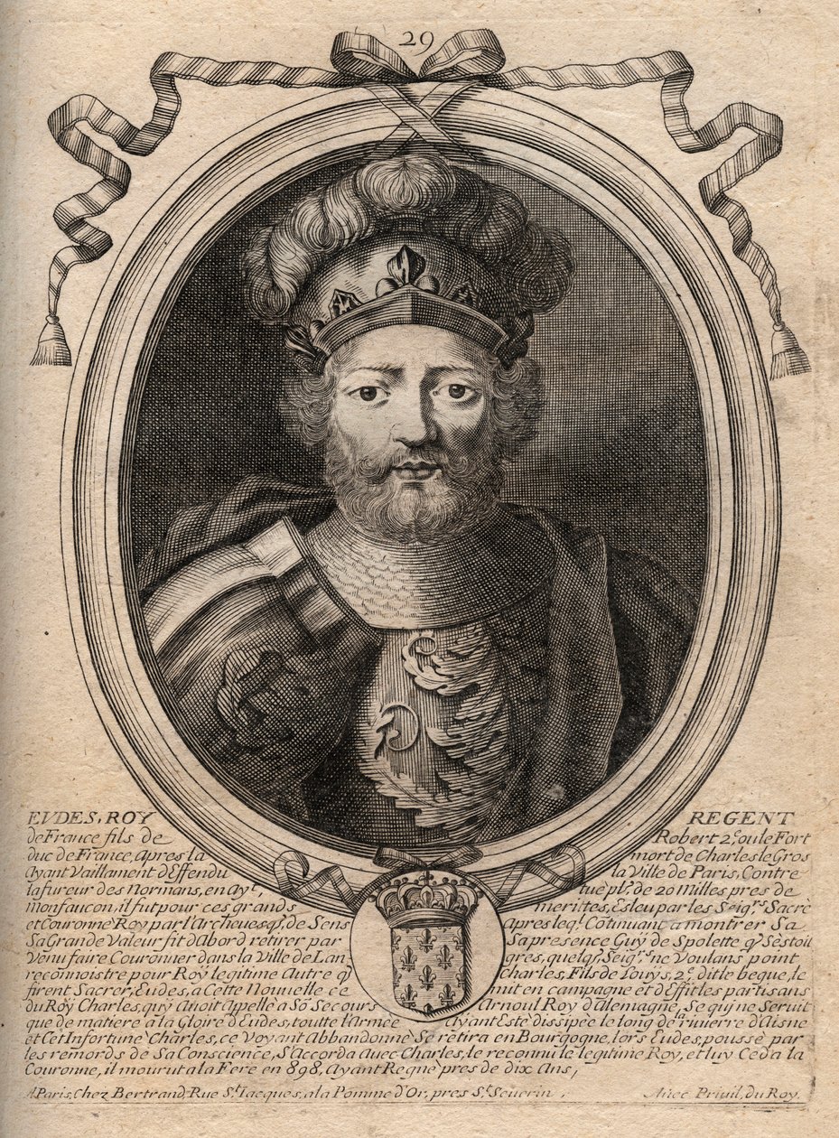 Portræt af Eudes (Odon) (v. 860 - 898), greve af Paris og Troyes, dengang konge af Frankrig - EUDES greve af Paris valgt til fransk trone efter afsættelsen af kejseren Karl - gravering fra 