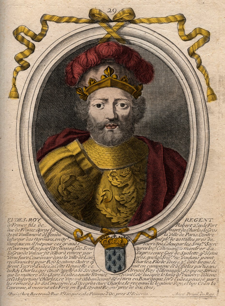 Portræt af Eudes (Odon) (v. 860 - 898), greve af Paris og Troyes, dengang konge af Frankrig - EUDES greve af Paris valgt til fransk trone efter afsættelsen af kejseren Karl - gravering fra 