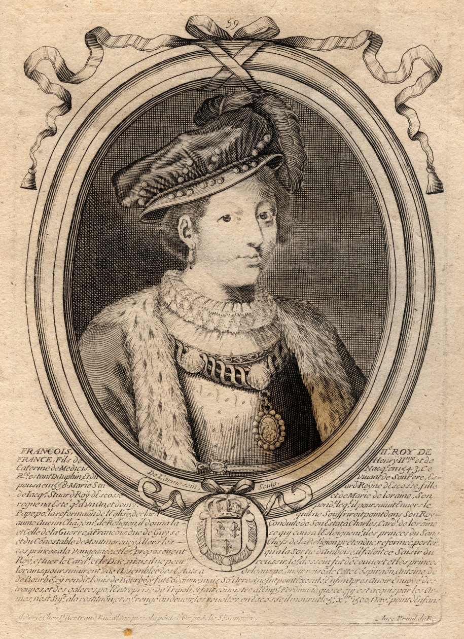 Portræt af Francois II (1544-1560) Konge af Frankrig - Francois (Francis) II (1544-60) - gravering fra 