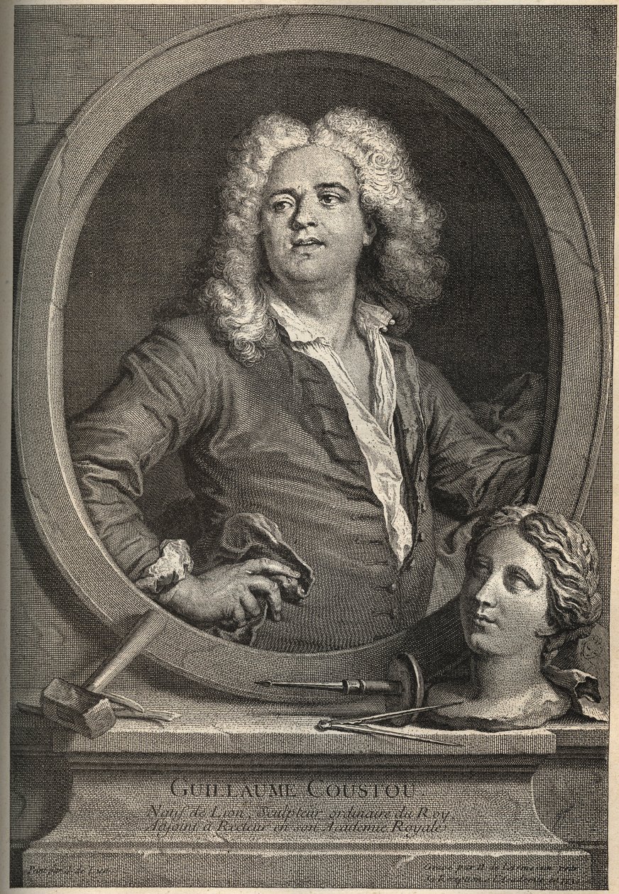 Portræt af Guillaume Coustou (1677-1746) fransk billedhugger - gravering af Larmessin efter J.de Lien af de Larmessin