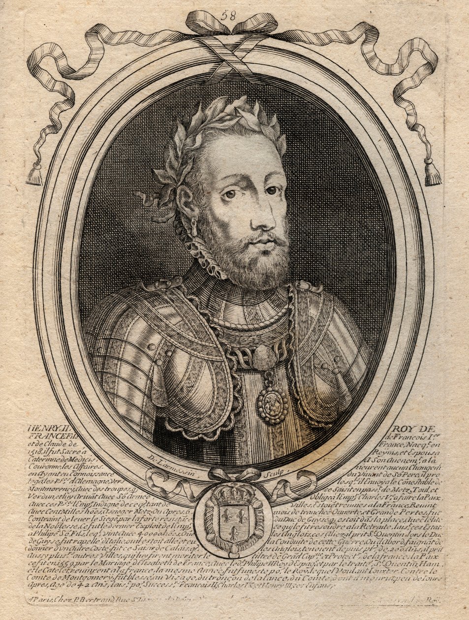 Portræt af Henrik II (1519 - 1559) Konge af Frankrig - Henrik II (1519-59), konge af Frankrig - gravering fra 