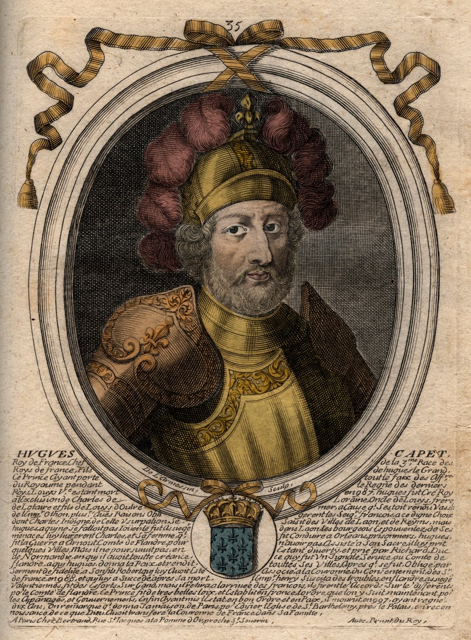Portræt af Hugues I Capet (ca. 941 - 996), hertug af Frankrig, daværende konge af Frankrig - Portræt af Hugues I Capet (c941-996), konge af Frankrig - gravering fra 